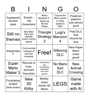 9/9/2026 Nintendo Direct Predictions Bingo Card