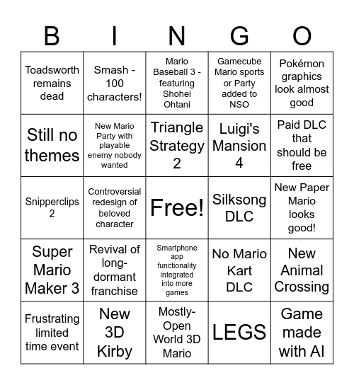 9/9/2026 Nintendo Direct Predictions Bingo Card