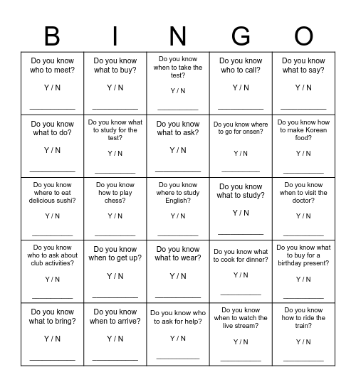 Who / What / When / Where / How ~~ to Bingo Card