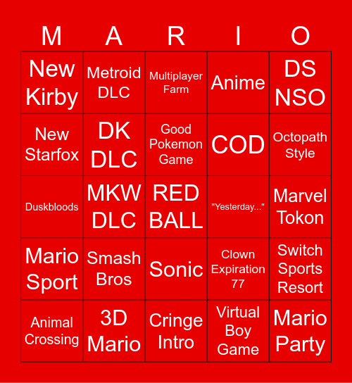 NINTENDO DIRECT 9/9/26 Bingo Card