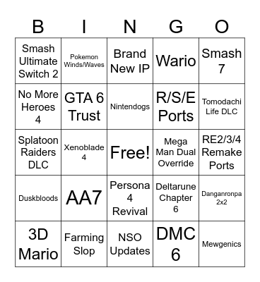 Nintendo Direct 9/9/2026 Bingo Card