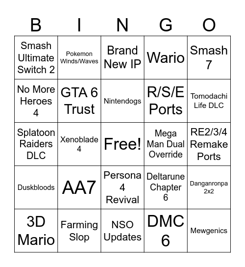 Nintendo Direct 9/9/2026 Bingo Card