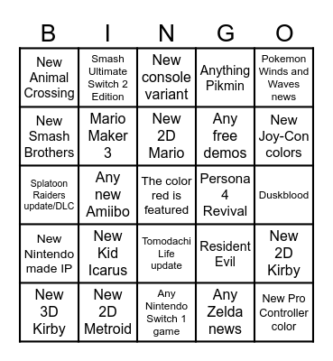 Nintendo Direct 9/9 Bingo Card