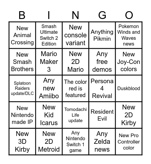 Nintendo Direct 9/9 Bingo Card