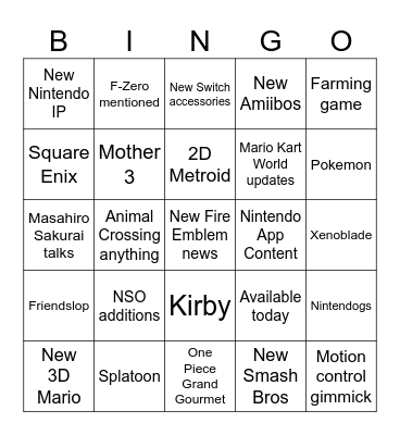 Nintendo Direct Bingo 9/9 Bingo Card