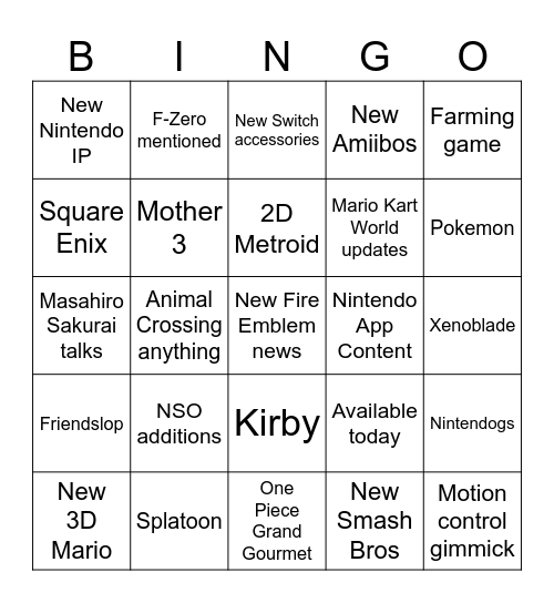 Nintendo Direct Bingo 9/9 Bingo Card
