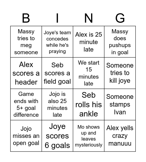 Tuesday Soccer Bingo Card