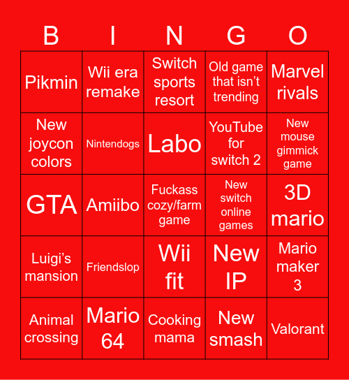 Nintendo direct 9-9-26 Bingo Card