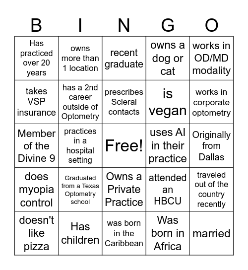 Ebony ODs of Dallas Bingo Card