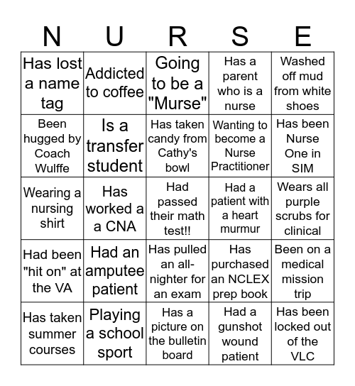 Big Nurse Little Nurse Bingo Card