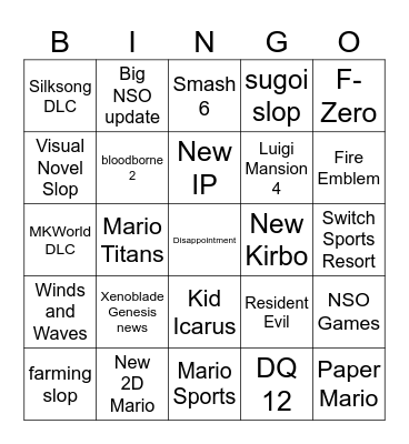 NINTENDO DIRECT Bingo Card