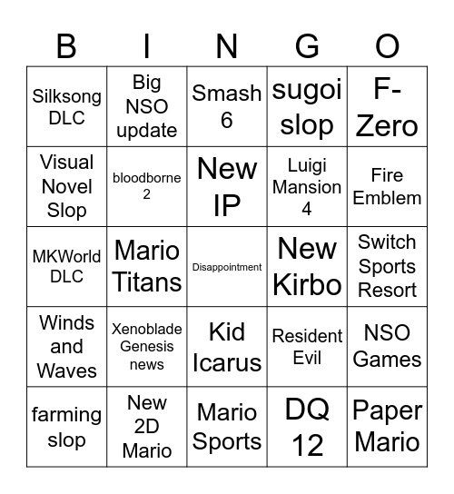 NINTENDO DIRECT Bingo Card