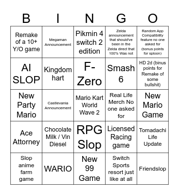 Nintendo Bingo Card Bingo Card