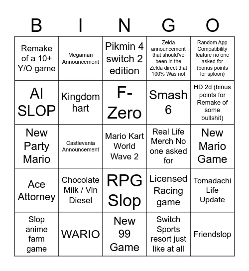 Nintendo Bingo Card Bingo Card