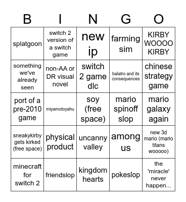 Nintendo Direct 9/9/26 Bingo Card