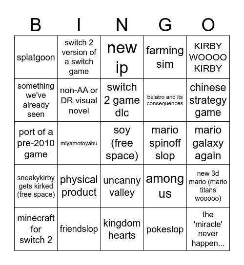 Nintendo Direct 9/9/26 Bingo Card
