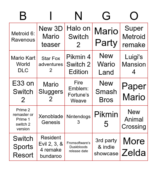 Nintendo Direct Bingo 9/9/2026 Bingo Card