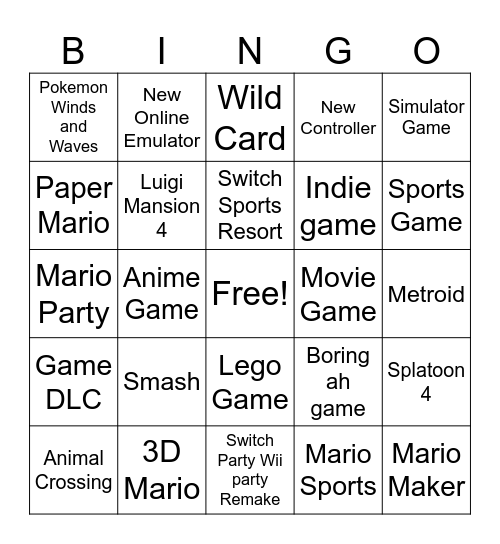 Nintendo Direct Prediction Bingo Card