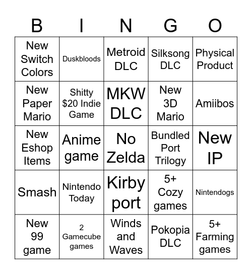 Nintendo Direct Bingo Card