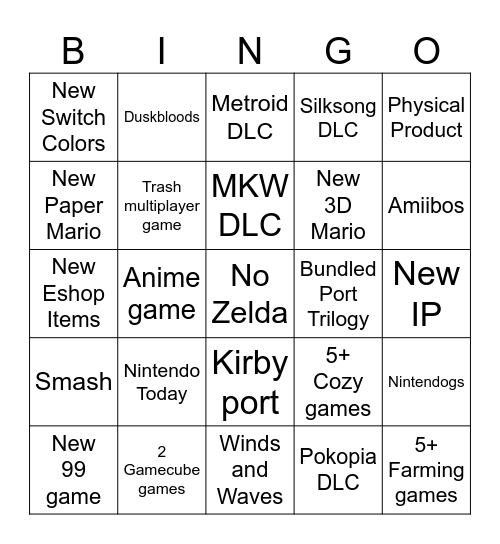 Nintendo Direct Bingo Card