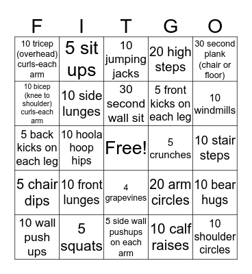 Fitness Bingo Card