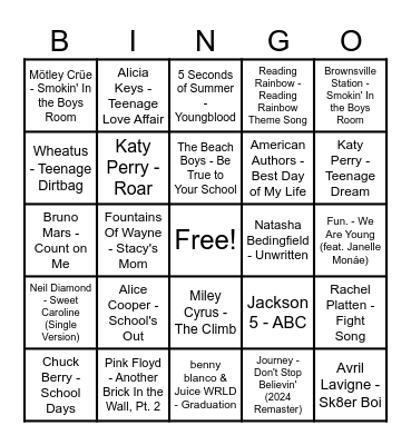 Round 1 - Back 2 Skool Bingo Card
