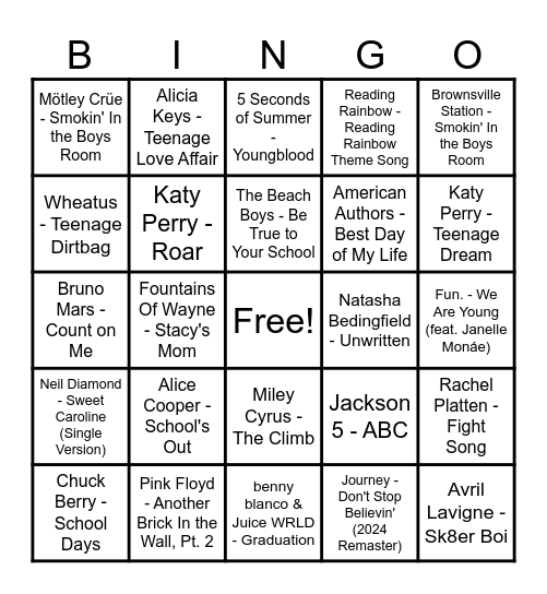 Round 1 - Back 2 Skool Bingo Card