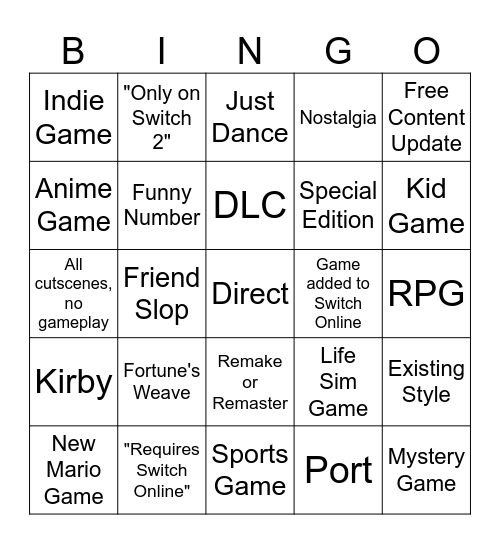 Nintendo Direct September 2026 Bingo Card