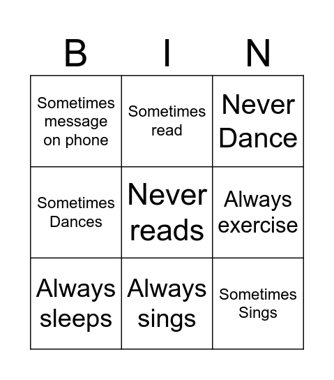 Activites Bingo Card