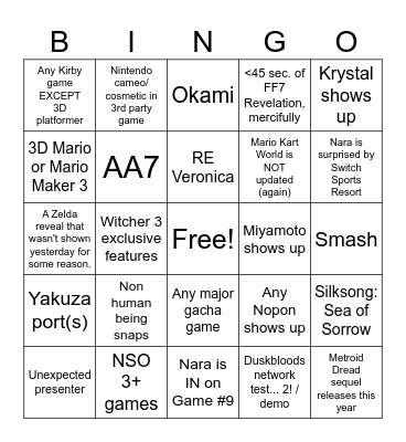 Nintendo Direct 9/9/26 Bingo Card