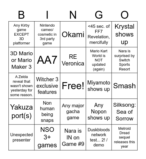 Nintendo Direct 9/9/26 Bingo Card