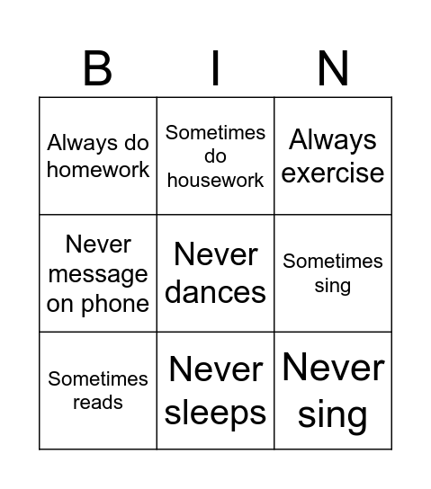 Activities Bingo Card