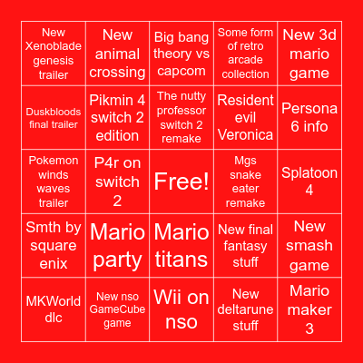 Nintendo direct Bingo Card