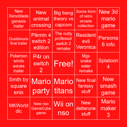 Nintendo direct Bingo Card
