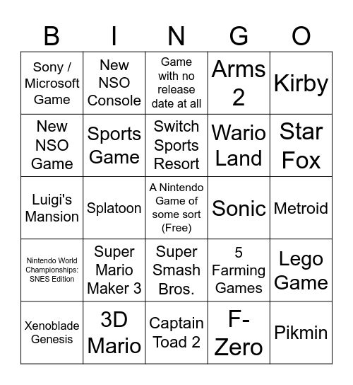 Nintendo Direct Bingo Card