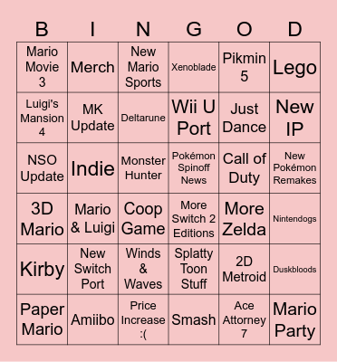 Nintendo Direct 9/9/26 Bingo Card