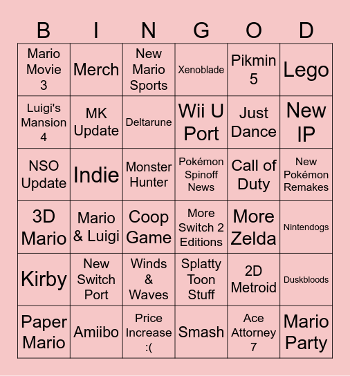 Nintendo Direct 9/9/26 Bingo Card