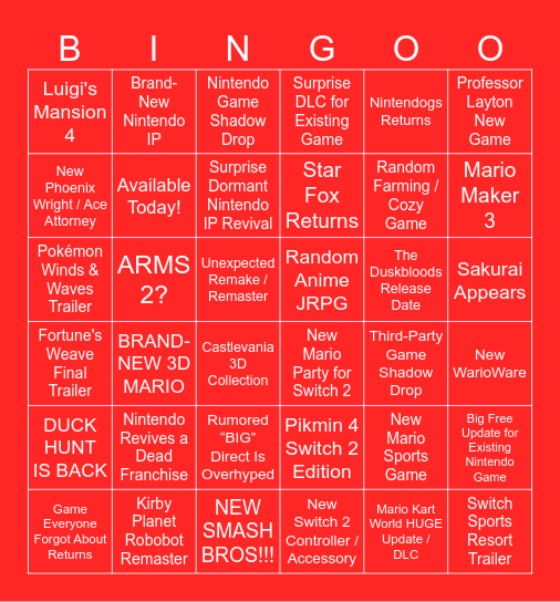 Nintendo Direct Bingo Card