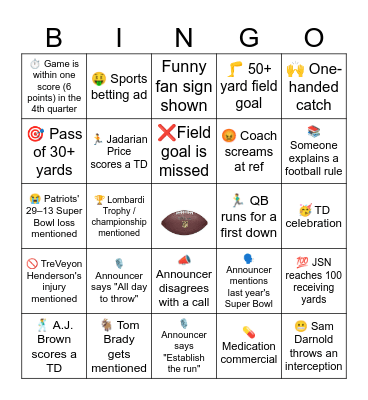 NFL Patriots vs Seahawks Bingo Board Bingo Card
