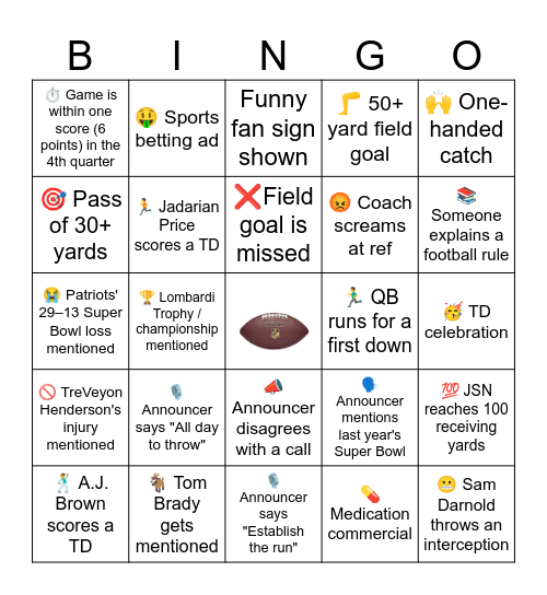 NFL Patriots vs Seahawks Bingo Board Bingo Card