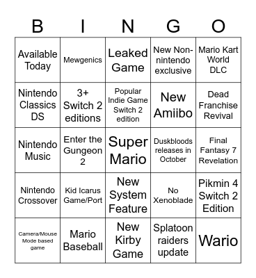 Nintendo Direct 9/9/2026 Bingo Card