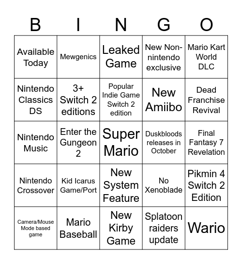 Nintendo Direct 9/9/2026 Bingo Card