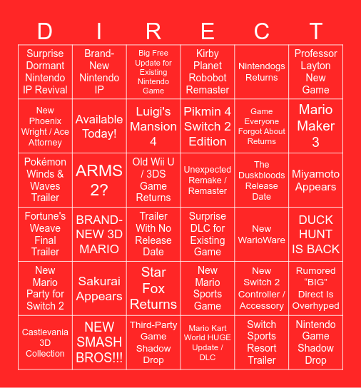 Nintendo Direct Bingo Card