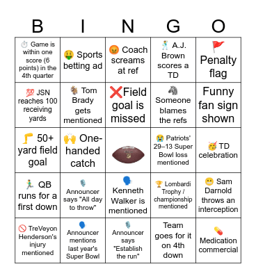 NFL Patriots vs Seahawks Bingo Board Bingo Card