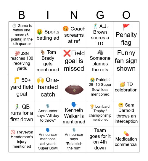 NFL Patriots vs Seahawks Bingo Board Bingo Card