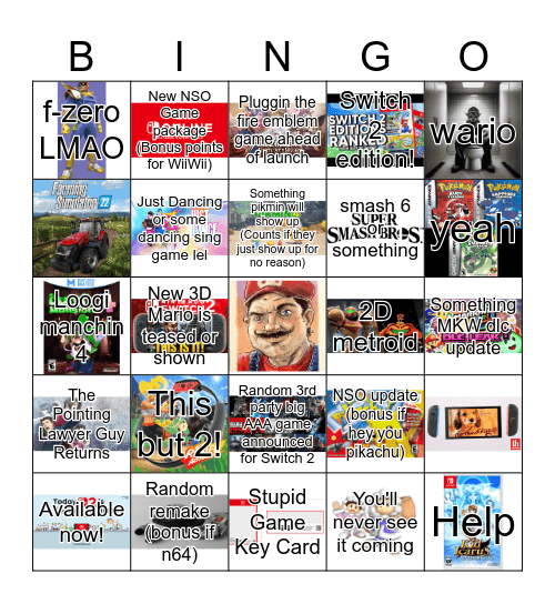 Nintendo's Big Kirk 9.9.26 Bingo Card