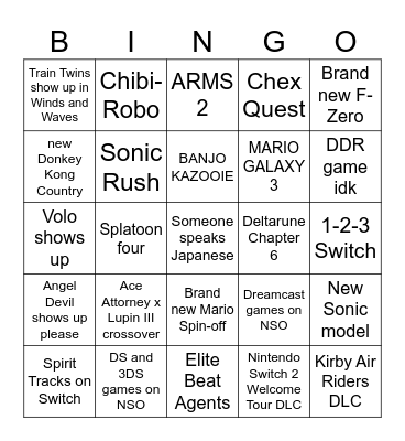 INSANE NINTENDO DIRECT Bingo Card