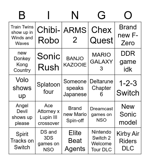 INSANE NINTENDO DIRECT Bingo Card