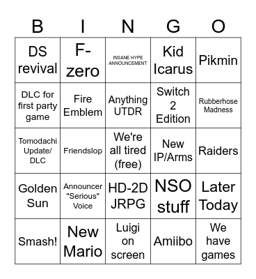 Nintendo DIRECT (serious) Bingo Card