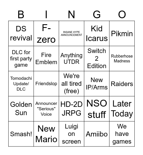 Nintendo DIRECT (serious) Bingo Card